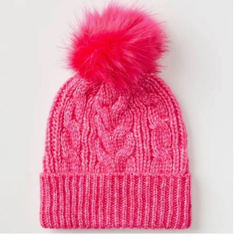 LOFT NWT Cable Pom Pom Beanie - Bright Pink‎ Rose